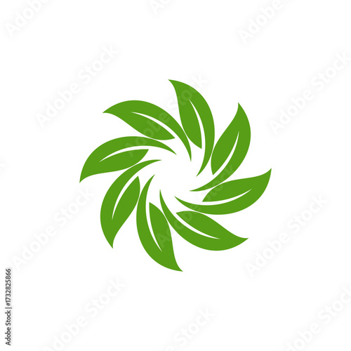 A circular arrangement of vibrant green leaves forming a stylized vortex or floral pattern, symbolizing nature and growth.