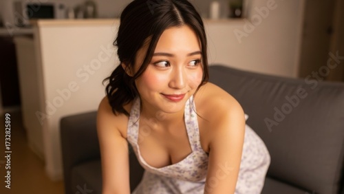 夜のリビングでソファに座り、横を向いて優しく微笑むエプロン姿の妻