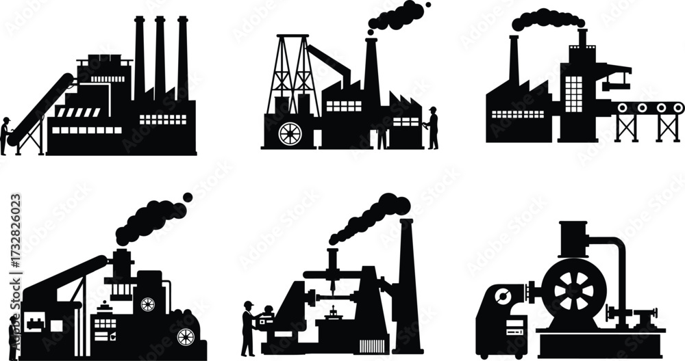 Naklejka premium Industrial factory silhouette vector illustration, smokestacks and conveyor systems, oil rig and machinery, workers operating equipment, heavy industry production, black isolated building design