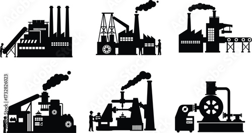 Industrial factory silhouette vector illustration, smokestacks and conveyor systems, oil rig and machinery, workers operating equipment, heavy industry production, black isolated building design