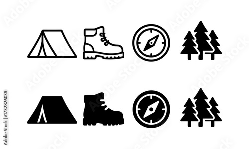 Camping icon set featuring tent, hiking boot, compass, and trees in bold outline style