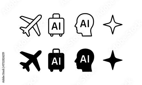 Minimalist icons: airplane, luggage, ai head, sparkle symbols