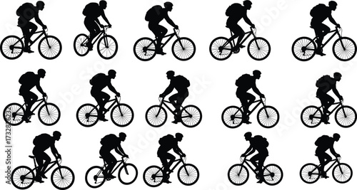 Silhouette of Cyclist on Mountain Bike, Repetitive Motion Frames, Outdoor Sports, Athlete Riding Bicycle with Backpack, Isolated on White Background