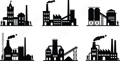 Industrial building silhouette vector illustration, factories with smokestacks and silos, conveyor systems and machinery, workers near plants, heavy industry production, black isolated design