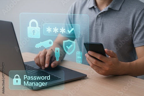Secure your digital life managing passwords with a password manager home office digital security technology close-up view cyber safety