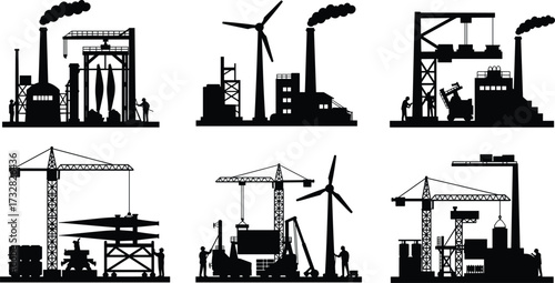 Industrial factories and renewable energy, wind turbines, smokestacks with smoke, cranes, construction sites, heavy industry, refinery structure
