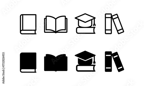 Education icons: book and graduation cap in linear and solid styles