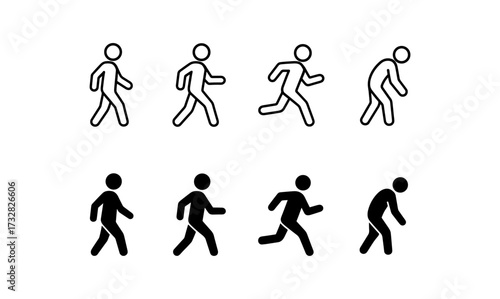 Linear and solid human silhouette walking poses collection for motion concepts