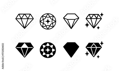 Minimalist gemstone icons in black and white featuring diamond and star motifs