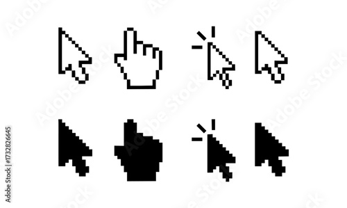 Set of pixel art cursor icons for digital user interface design