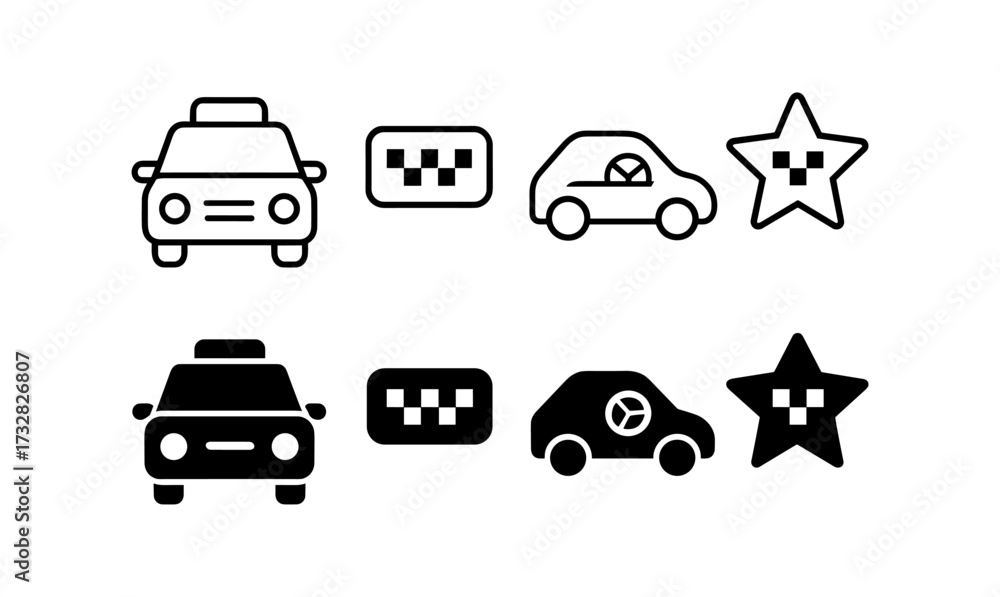 Fototapeta premium Taxi icons: minimalist and bold black and white symbol set