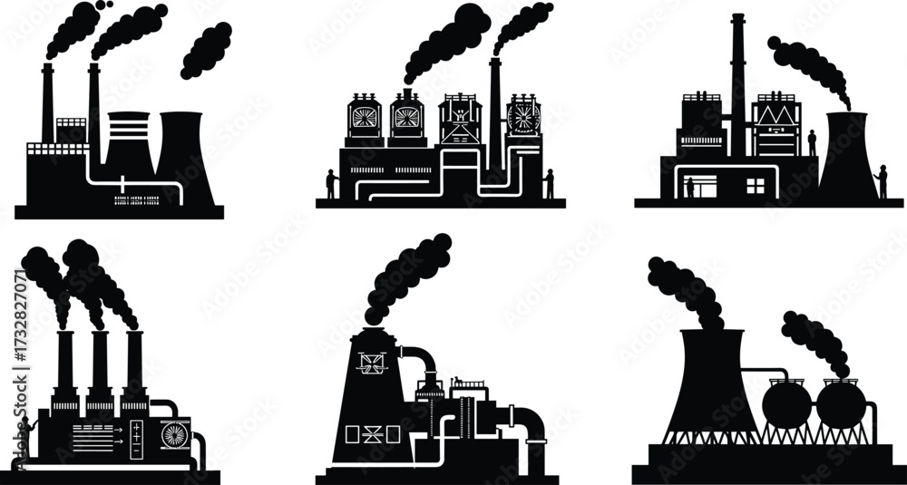 Fototapeta premium Industrial factory silhouettes vector set, power plant icons, smoke chimneys, cooling towers, machinery details, workers activity, energy production, black and white design, environment concept