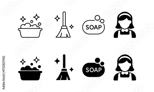 Cleaning icons set: soap, mop, and housekeeping in minimalist black and white