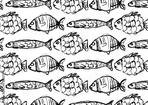 Seamless pattern of ornamental fish. Hand drawn doodle aquatic background with decorative marine creatures. Vector illustration for fabric, wallpaper, wrapping, and kids design.