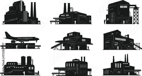 Industrial building vector illustration, factories, warehouses, smokestacks, airplanes, conveyor belts, workers, black and white silhouette, manufacturing plant