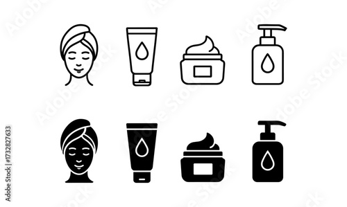 Beauty and skincare icons: minimalist facial and cosmetic product collection