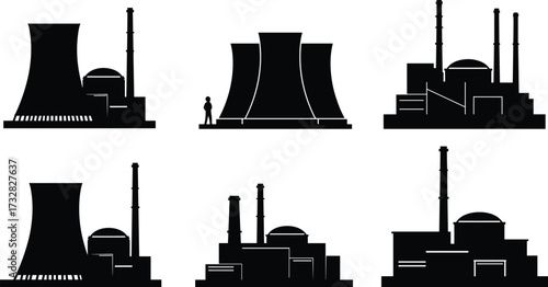 Nuclear power plant silhouettes vector set, cooling tower icons, reactor buildings, smoke chimneys, energy production, industrial illustration, black and white design, electricity infrastructure
