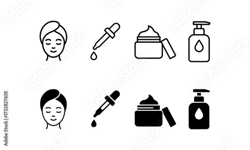 Skincare icons set featuring line art of cream, dropper, and bottle in minimalist design