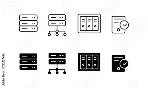 Minimalist data server and network icons set in line and solid styles
