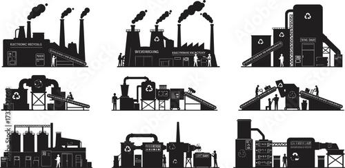 Recycling factory silhouette, waste management plant, eco industry, workers, conveyor belts, machinery, sustainability, green energy, industrial process, cad drawing flat vector illustration