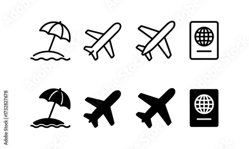 Travel icons: airplane, beach umbrella, passport in minimalistic design
