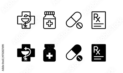 Pharmacy and medication icons in modern line and solid styles