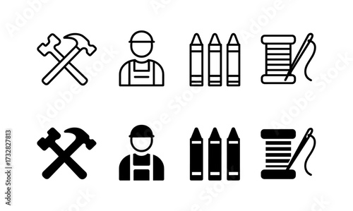 Crafts and construction icons set featuring tools and worker silhouettes