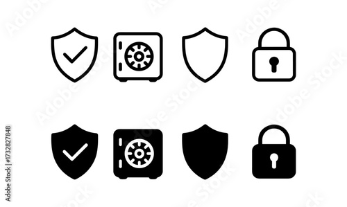 Security icons set: shields, safes, and locks in linear and bold styles