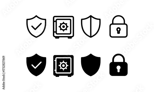 Secure icon set featuring shields safes and locks in linear and solid styles