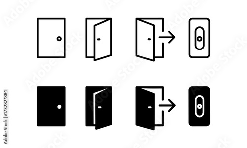 Minimalist door open and close icons set with arrow indicators