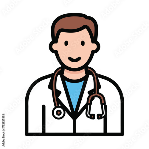 Friendly cartoon male doctor with stethoscope wearing white coat isolated on white background