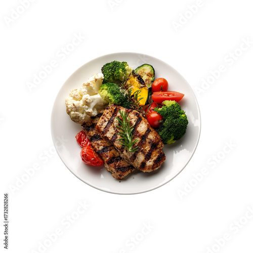plate of grilled chicken and vegetables Isolated on Transparent Background
