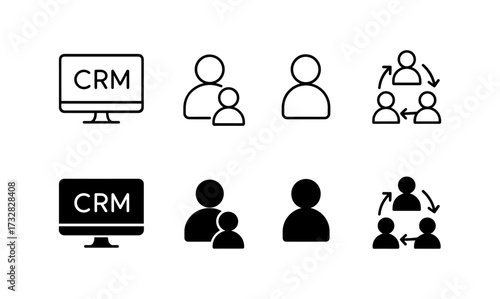 Simple crm and user icons including relationship arrows and profiles