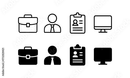 Modern work icons set: briefcase, person, profile, computer
