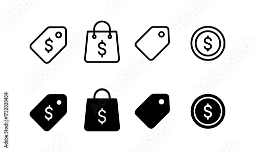Minimalist shopping icons set featuring shopping bags and price tags