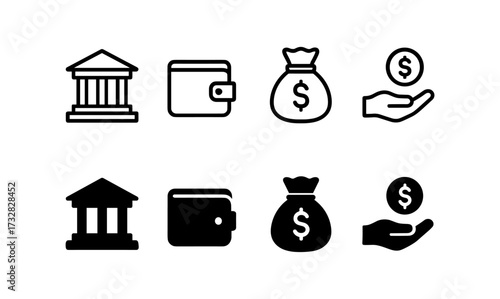 Minimalist finance icons set: banking, wallet, money bag, hand with coin in line and solid styles