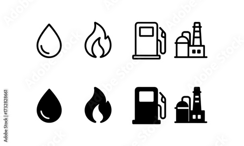 Petroleum and energy icons: droplet, flame, gas pump, and refinery in minimalist line and solid style