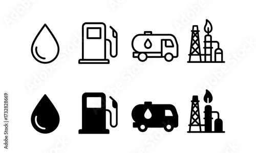 Oil and gas icons set: fuel pump, tanker, drop, and refinery in black linear style