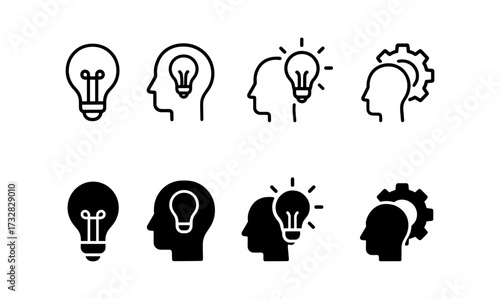 Creative light bulb and head icons in linear and silhouette styles for innovative concepts