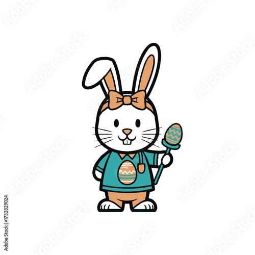Cute cartoon bunny wearing a bow and shirt holding a decorated egg isolated on white background