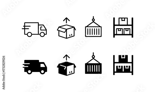 Logistics and shipping icons: delivery, packaging, warehouse, transport, and loading symbols