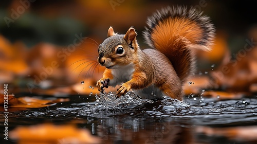Squirrel crossing shallow water autumn leaves