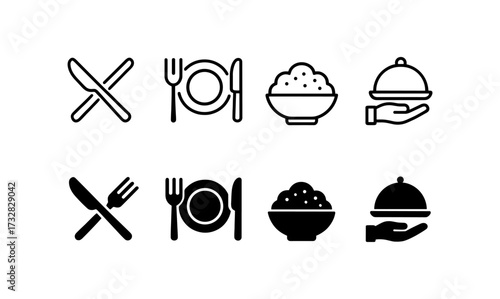 Minimalist dining icons: cutlery, plates, bowls, and hand serving dish