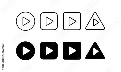 Minimalist play button icons in circle, square, triangle shapes