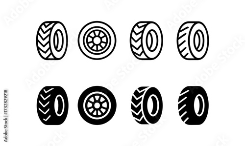 Car tire icons set: linear style wheels with bold tread designs
