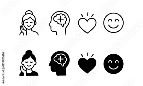 Mindfulness and positivity icons in simple outline and filled styles