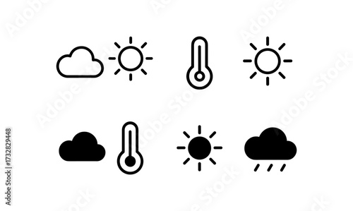 Minimalist weather icons with sun, cloud, and thermometer in outline and solid styles