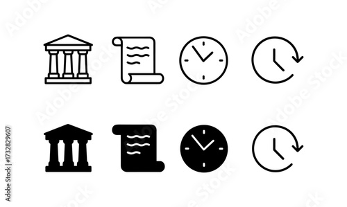 Minimalistic legal, time, and document icons in black and white design