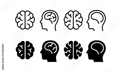 Minimalist brain and head icons set in linear and silhouette styles