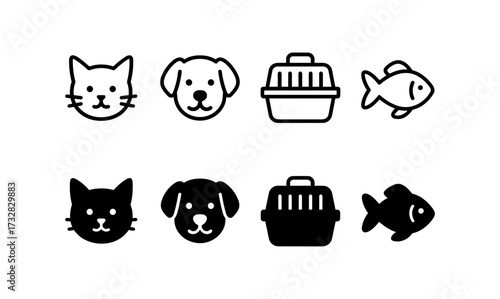 Flat and silhouette pet icons: cats, dogs, carrier, fish in minimalist style